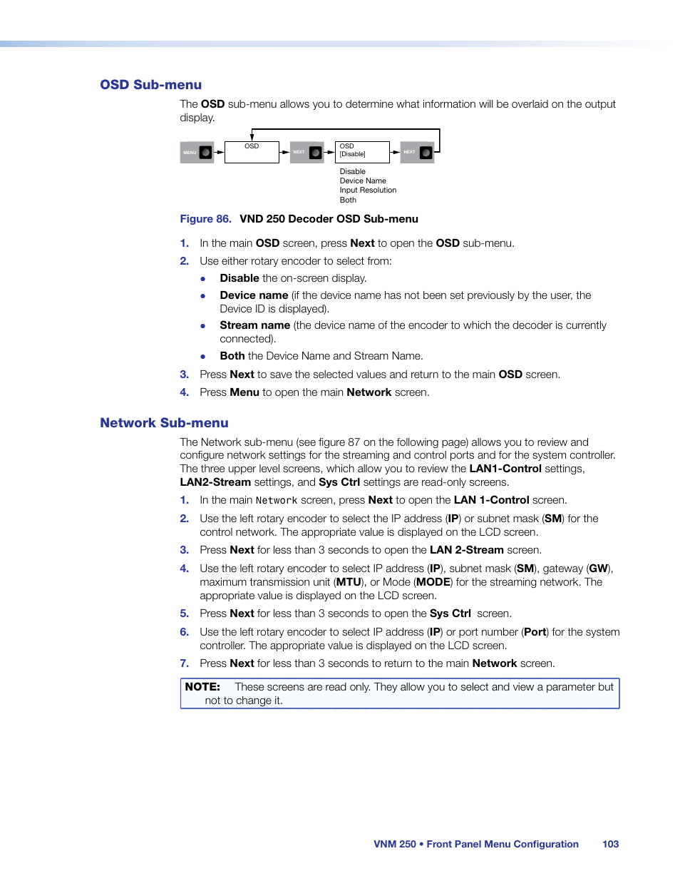 Osd sub-menu, Network sub-menu, Osd sub‑menu network sub‑menu | Extron Electronics VN-Matrix 250 User Guide User Manual | Page 109 / 137