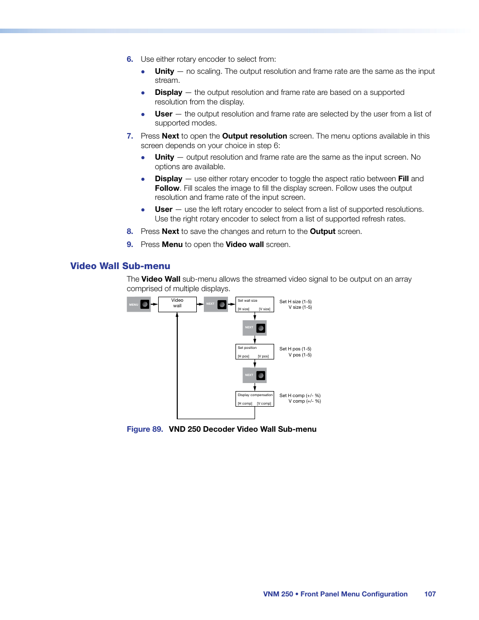 Video wall sub-menu, Video wall sub‑menu | Extron Electronics VN-Matrix 250 User Guide User Manual | Page 113 / 137