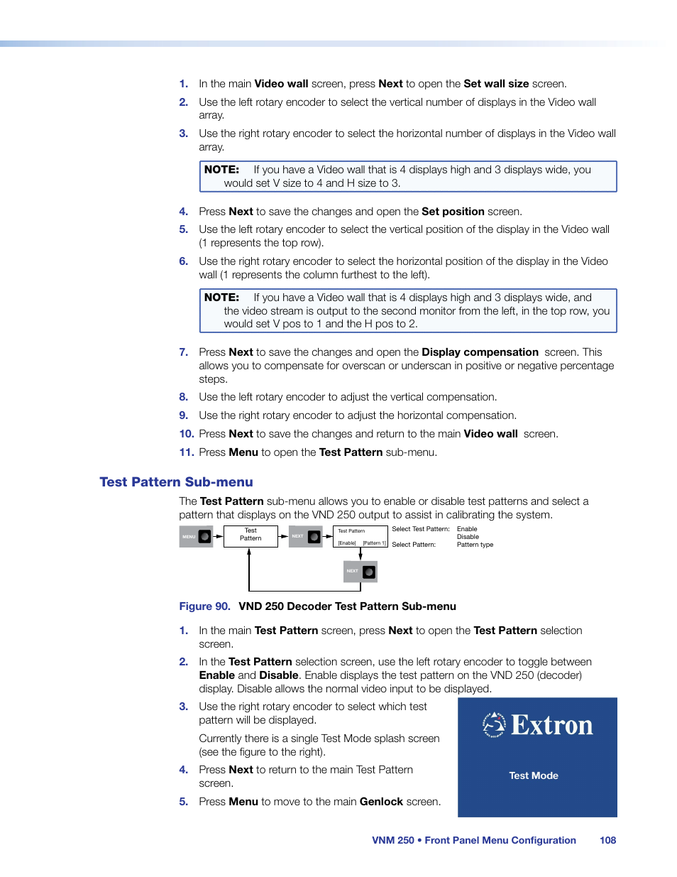 Test pattern sub-menu, Test pattern sub‑menu | Extron Electronics VN-Matrix 250 User Guide User Manual | Page 114 / 137