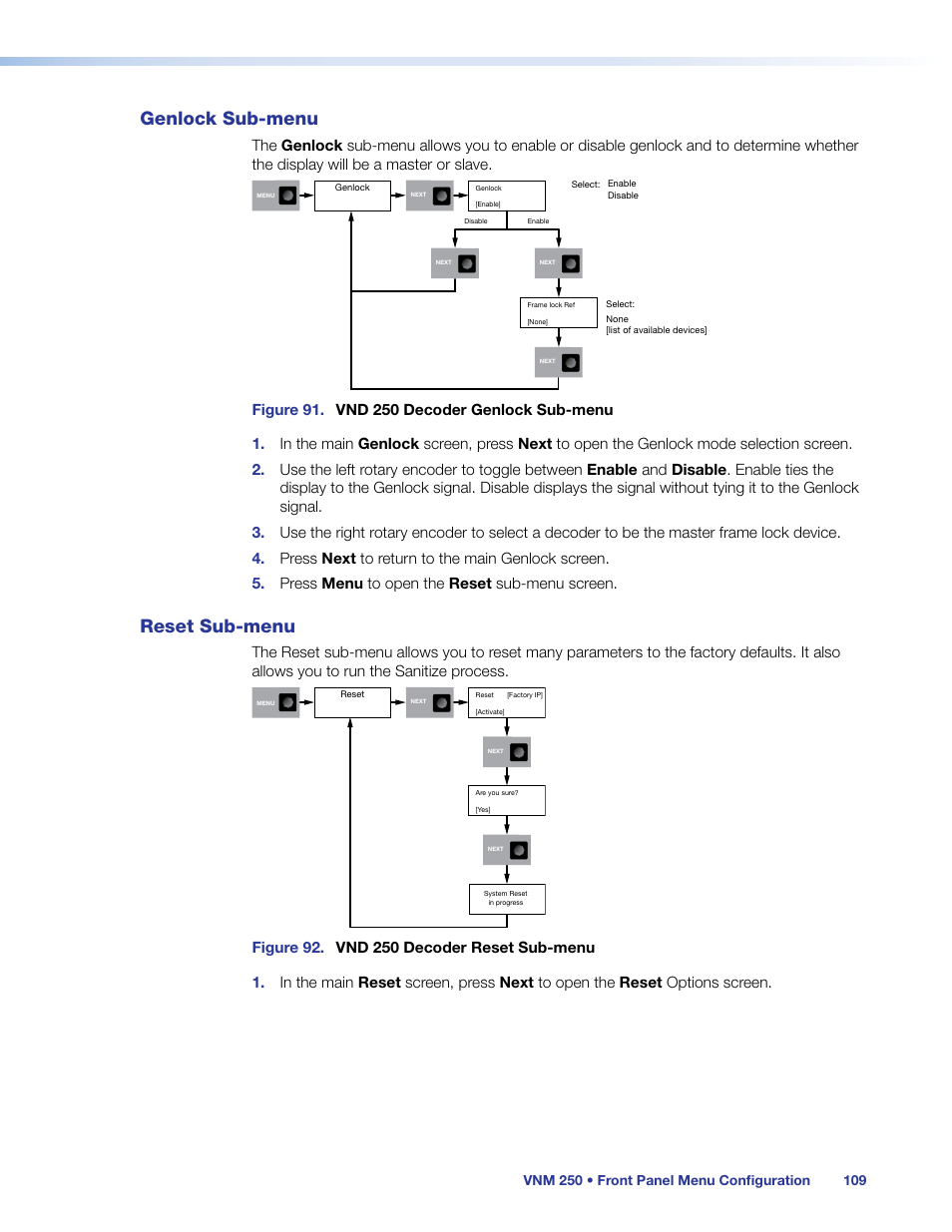 Genlock sub-menu, Reset sub-menu, Genlock sub‑menu reset sub‑menu | Decoder reset | Extron Electronics VN-Matrix 250 User Guide User Manual | Page 115 / 137