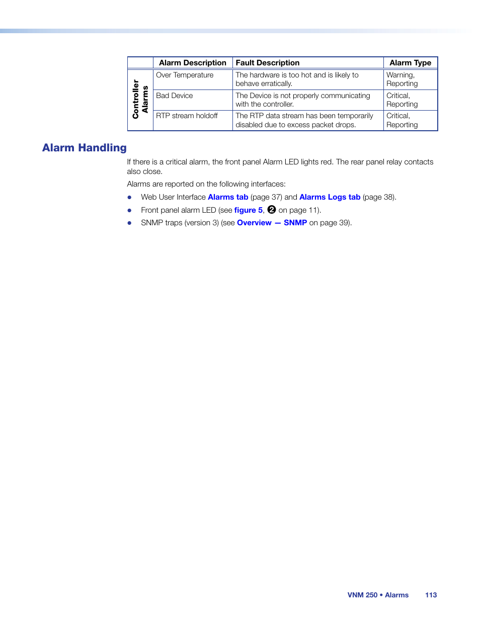 Alarm handling | Extron Electronics VN-Matrix 250 User Guide User Manual | Page 119 / 137