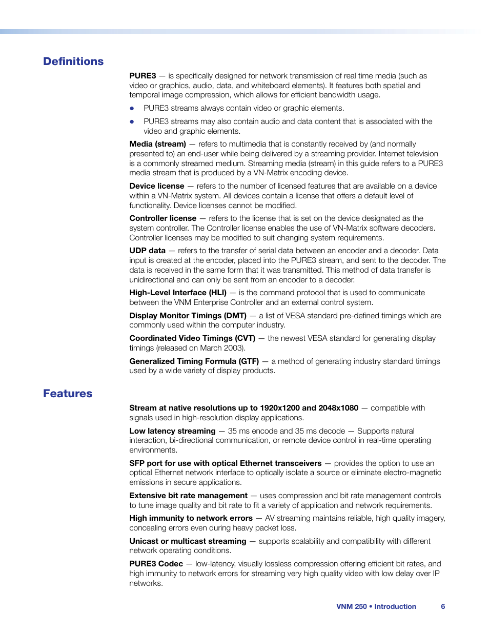 Definitions, Features, Definitions features | Extron Electronics VN-Matrix 250 User Guide User Manual | Page 12 / 137