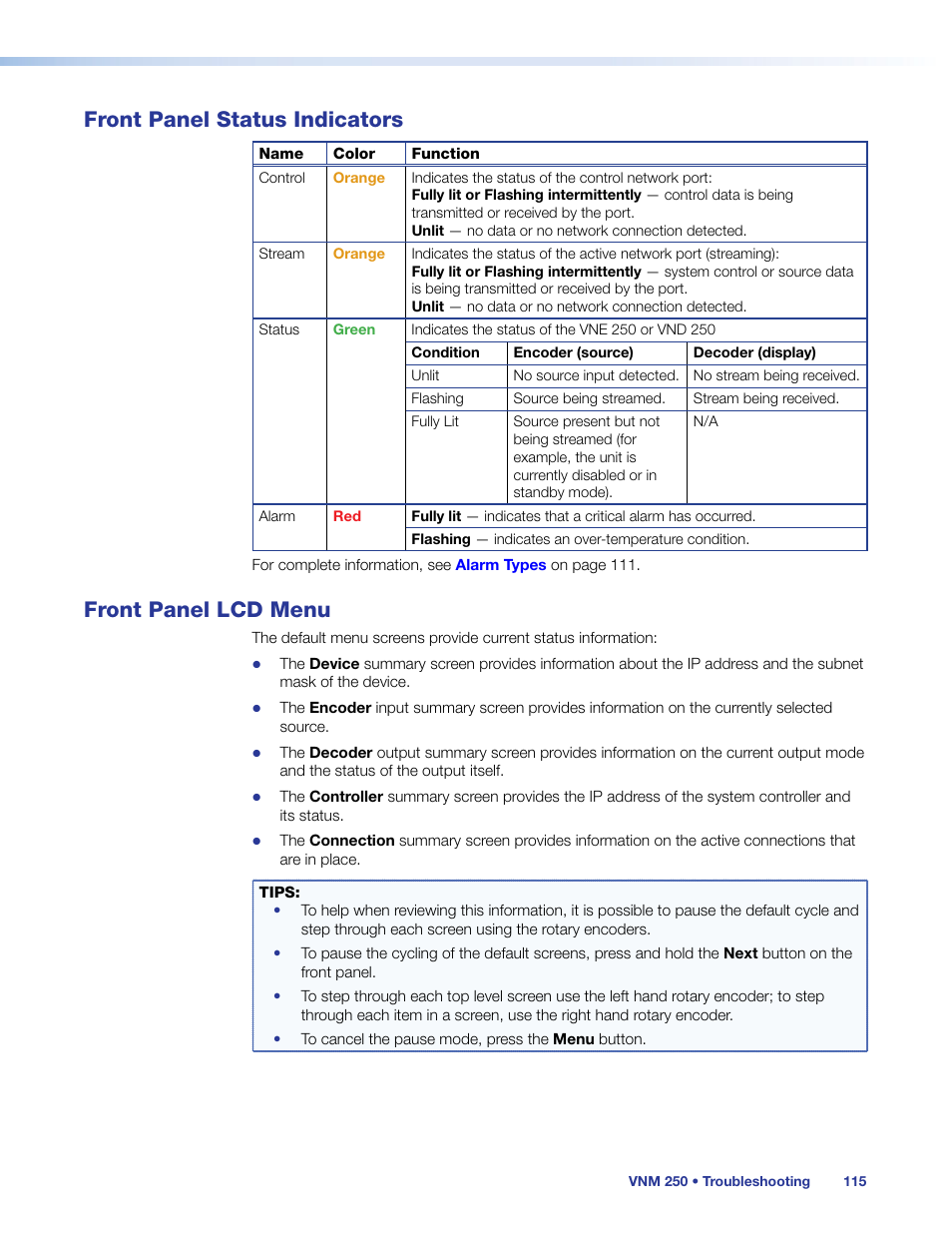 Front panel status indicators, Front panel lcd menu, Front panel status indicators front panel lcd menu | Extron Electronics VN-Matrix 250 User Guide User Manual | Page 121 / 137