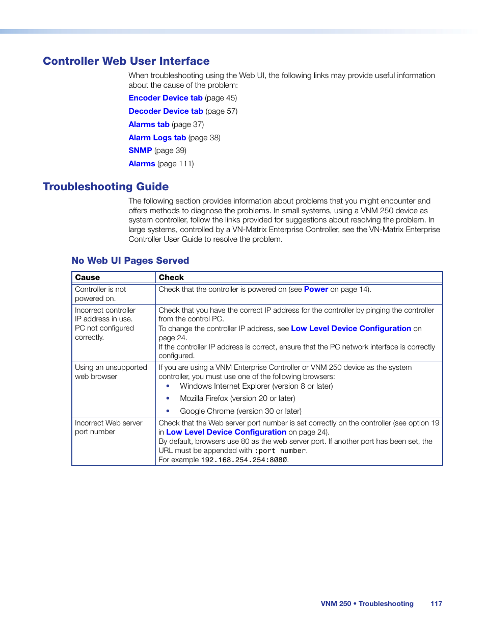 Controller web user interface, Troubleshooting guide, To determine what the pr | Extron Electronics VN-Matrix 250 User Guide User Manual | Page 123 / 137