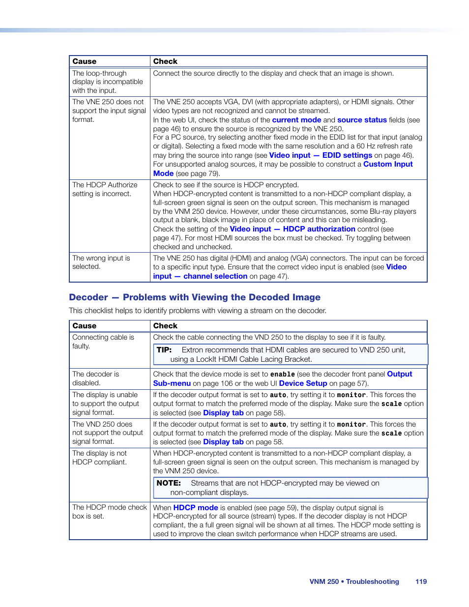 Decoder — problems with viewing the decoded image, Decoder — problems with viewing, The decoded image | Extron Electronics VN-Matrix 250 User Guide User Manual | Page 125 / 137