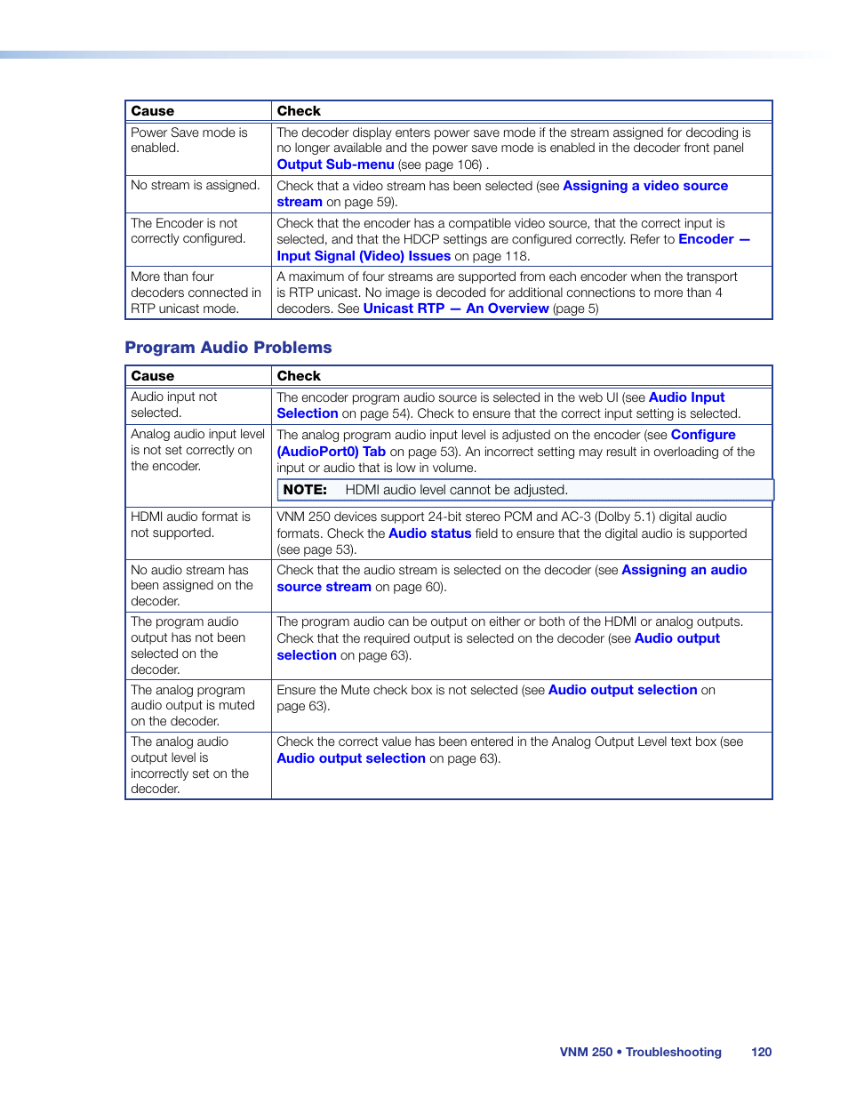 Program audio problems | Extron Electronics VN-Matrix 250 User Guide User Manual | Page 126 / 137