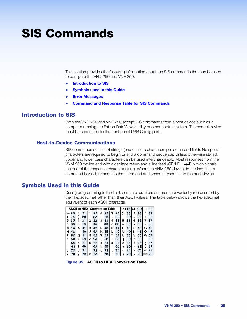 Sis commands, Introduction to sis, Host-to-device communications | Symbols used in this guide, Host‑to‑device communications | Extron Electronics VN-Matrix 250 User Guide User Manual | Page 131 / 137