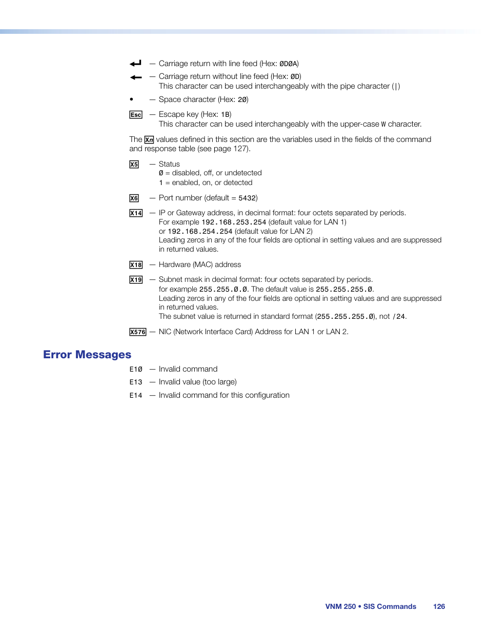 Error messages | Extron Electronics VN-Matrix 250 User Guide User Manual | Page 132 / 137
