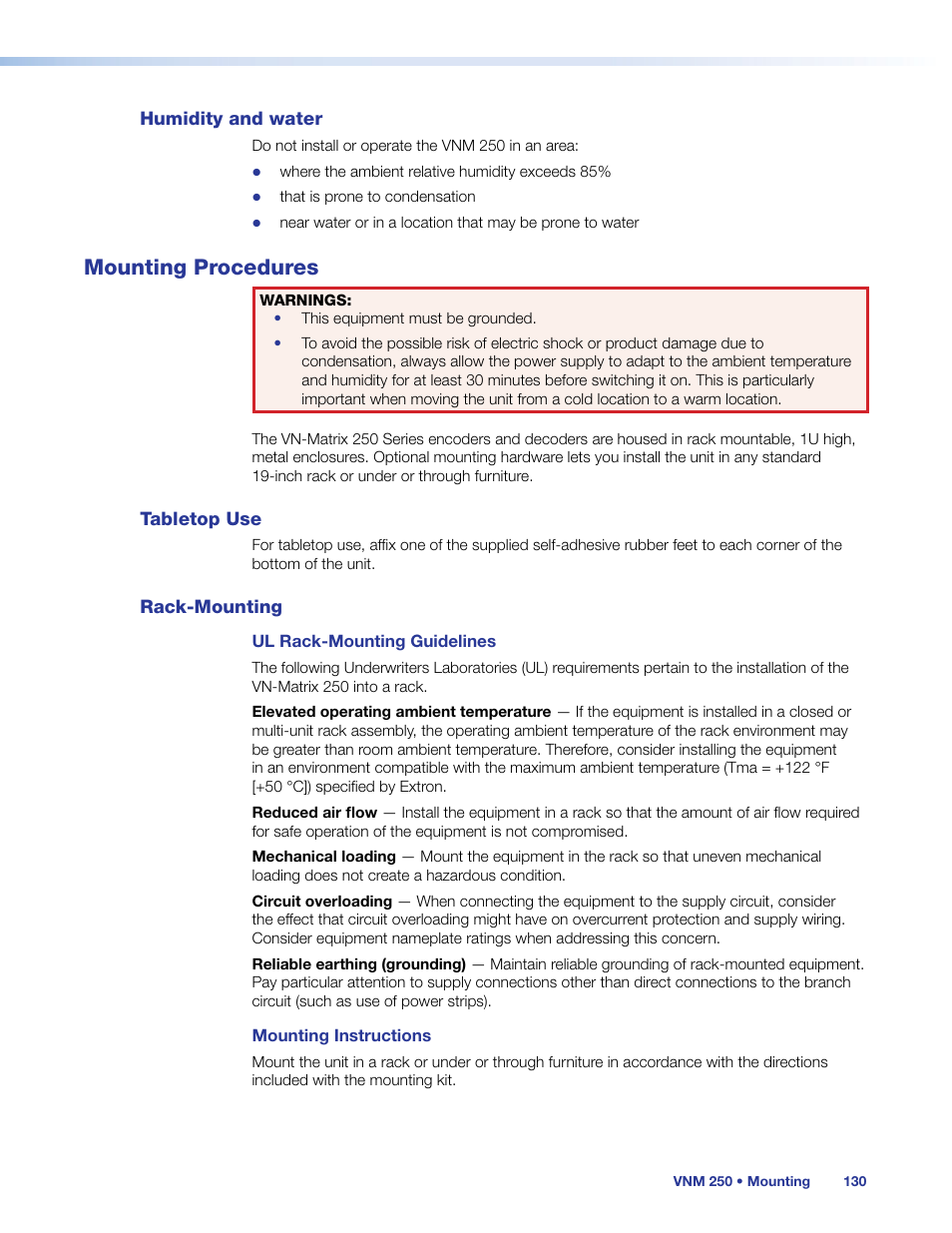 Humidity and water, Mounting procedures, Tabletop use | Rack-mounting, Tabletop use rack‑mounting | Extron Electronics VN-Matrix 250 User Guide User Manual | Page 136 / 137