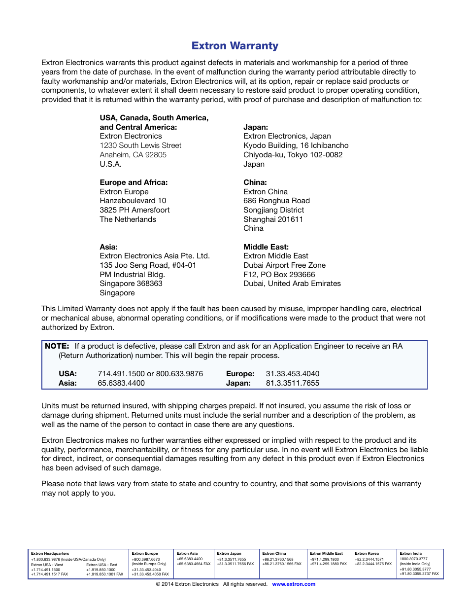Extron warranty, Extron contact information | Extron Electronics VN-Matrix 250 User Guide User Manual | Page 137 / 137