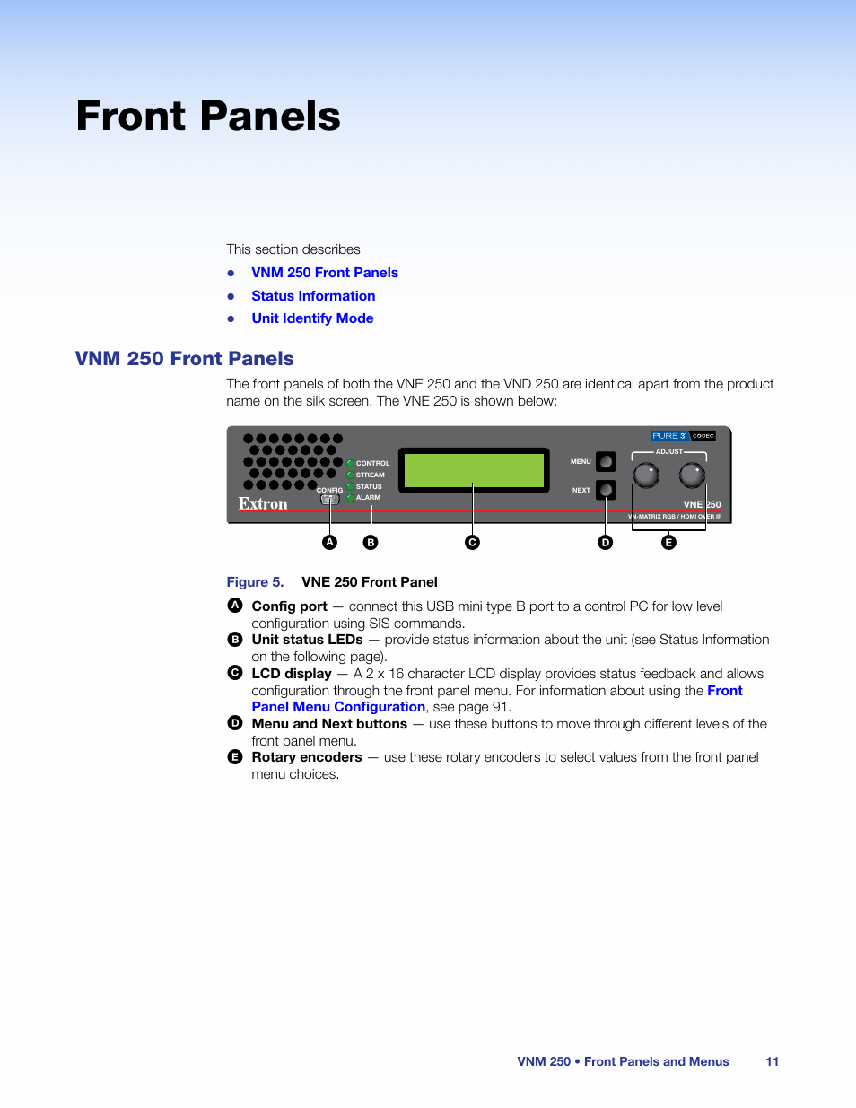 Front panels, Vnm 250 front panels, Ae d c b | Extron Electronics VN-Matrix 250 User Guide User Manual | Page 17 / 137