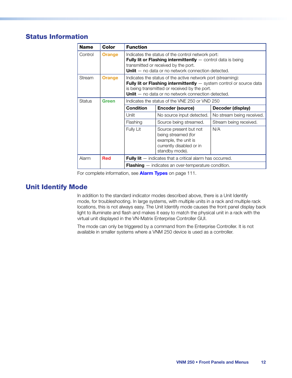 Status information, Unit identify mode, Status information unit identify mode | Extron Electronics VN-Matrix 250 User Guide User Manual | Page 18 / 137