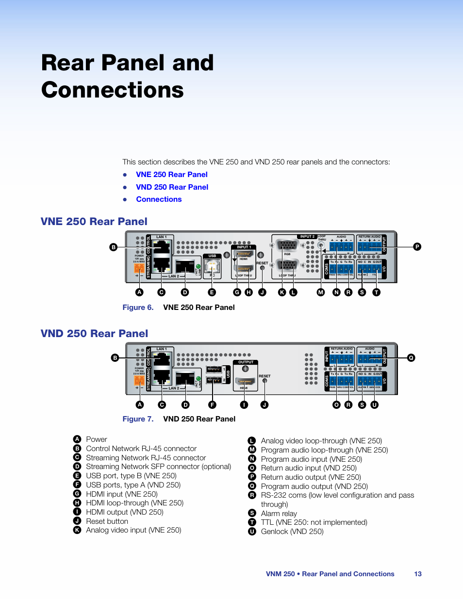Rear panel and connections, Vne 250 rear panel, Vnd 250 rear panel | Vne 250 rear panel vnd 250 rear panel | Extron Electronics VN-Matrix 250 User Guide User Manual | Page 19 / 137