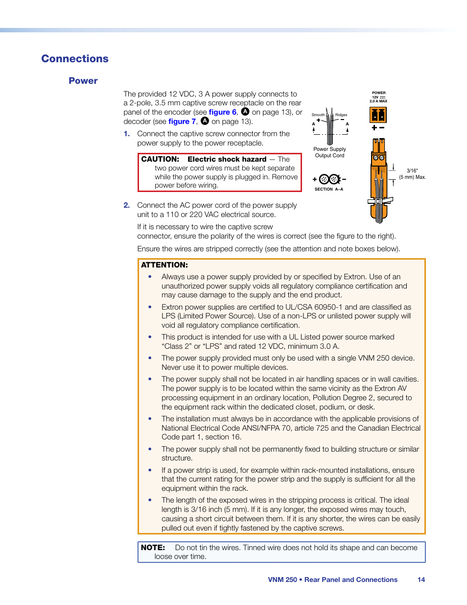 Connections, Power | Extron Electronics VN-Matrix 250 User Guide User Manual | Page 20 / 137