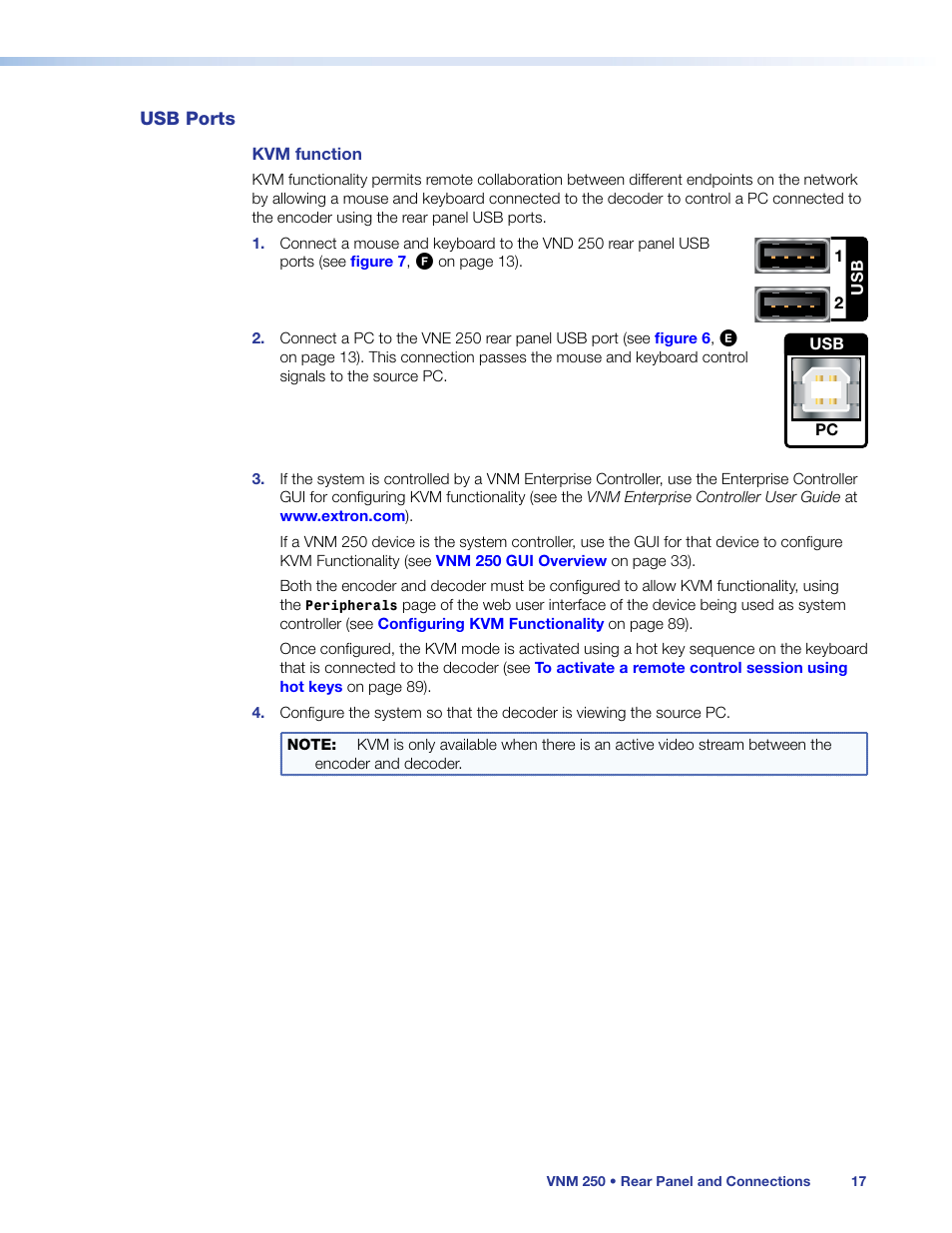 Usb ports, Ed, connect usb cables to allow, Kvm function | This allows users at the | Extron Electronics VN-Matrix 250 User Guide User Manual | Page 23 / 137