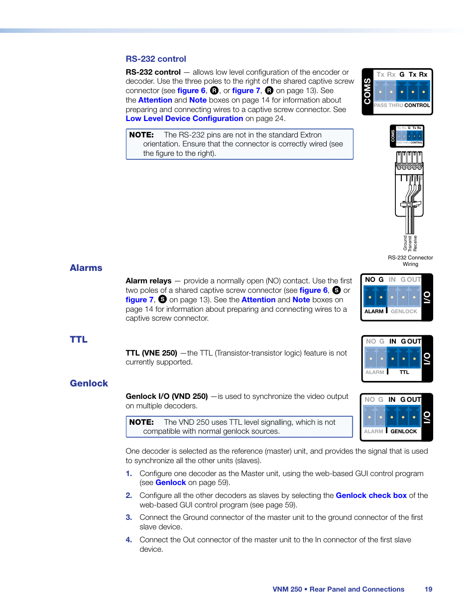Alarms, Genlock, Alarms ttl genlock | Rs-232 control, Coms | Extron Electronics VN-Matrix 250 User Guide User Manual | Page 25 / 137