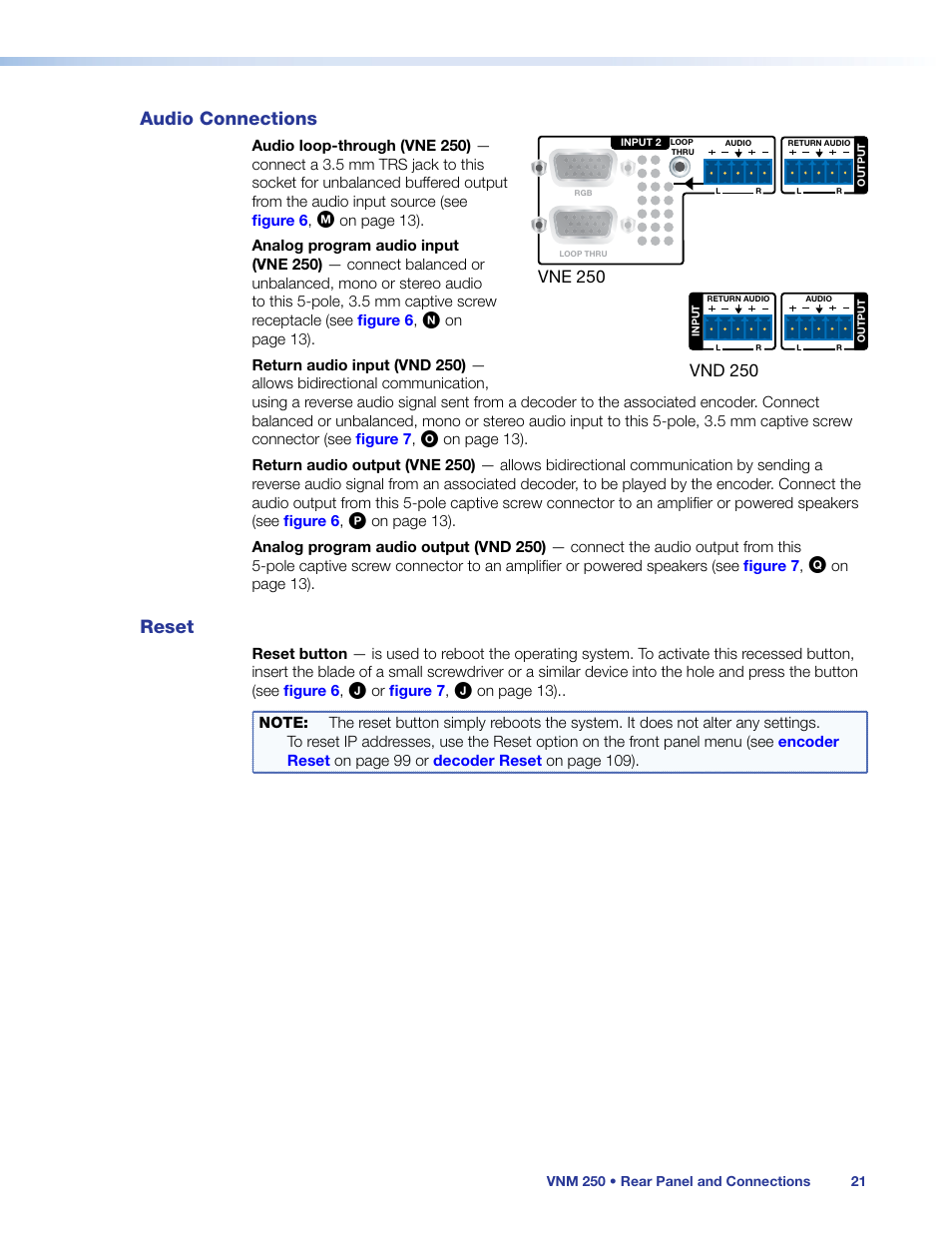 Audio connections, Reset, Audio connections reset | Extron Electronics VN-Matrix 250 User Guide User Manual | Page 27 / 137