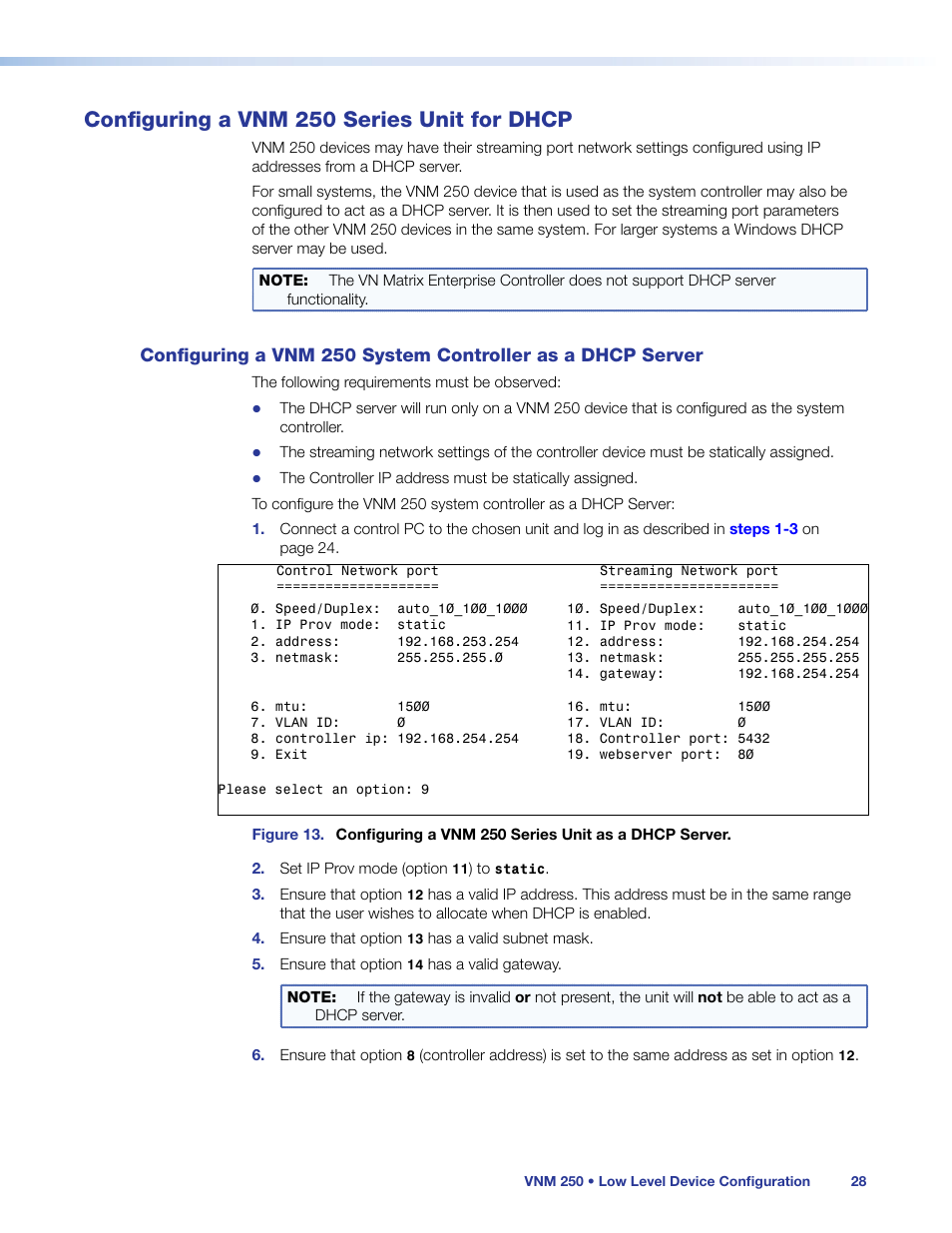 Configuring a vnm 250 series unit for dhcp, Configuring a vnm 250 series unit, For dhcp | Configuring a vnm 250 system controller, As a dhcp server | Extron Electronics VN-Matrix 250 User Guide User Manual | Page 34 / 137