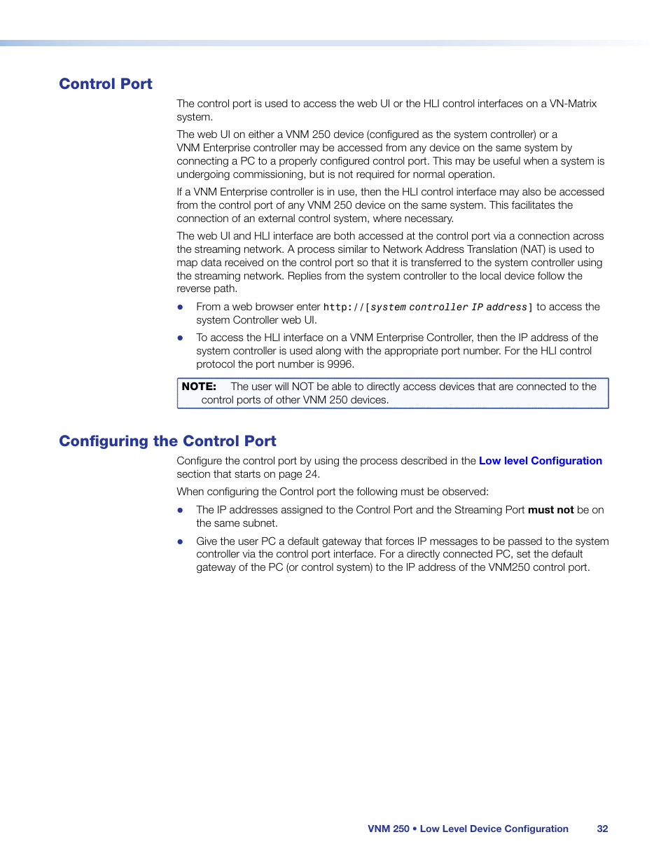 Control port, Configuring the control port, Control port configuring the control port | Extron Electronics VN-Matrix 250 User Guide User Manual | Page 38 / 137