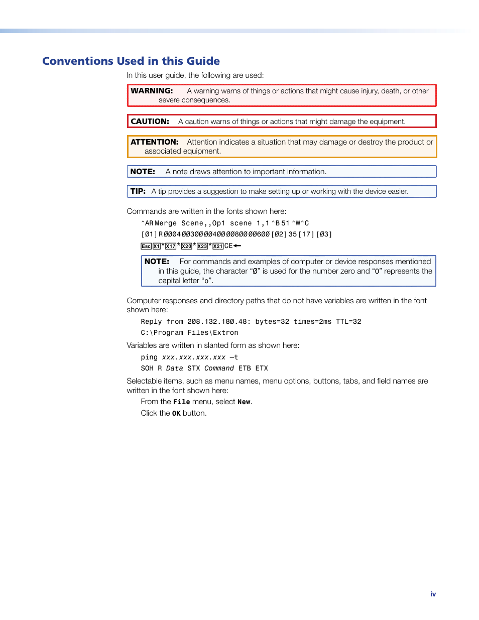 Conventions used in this guide | Extron Electronics VN-Matrix 250 User Guide User Manual | Page 4 / 137