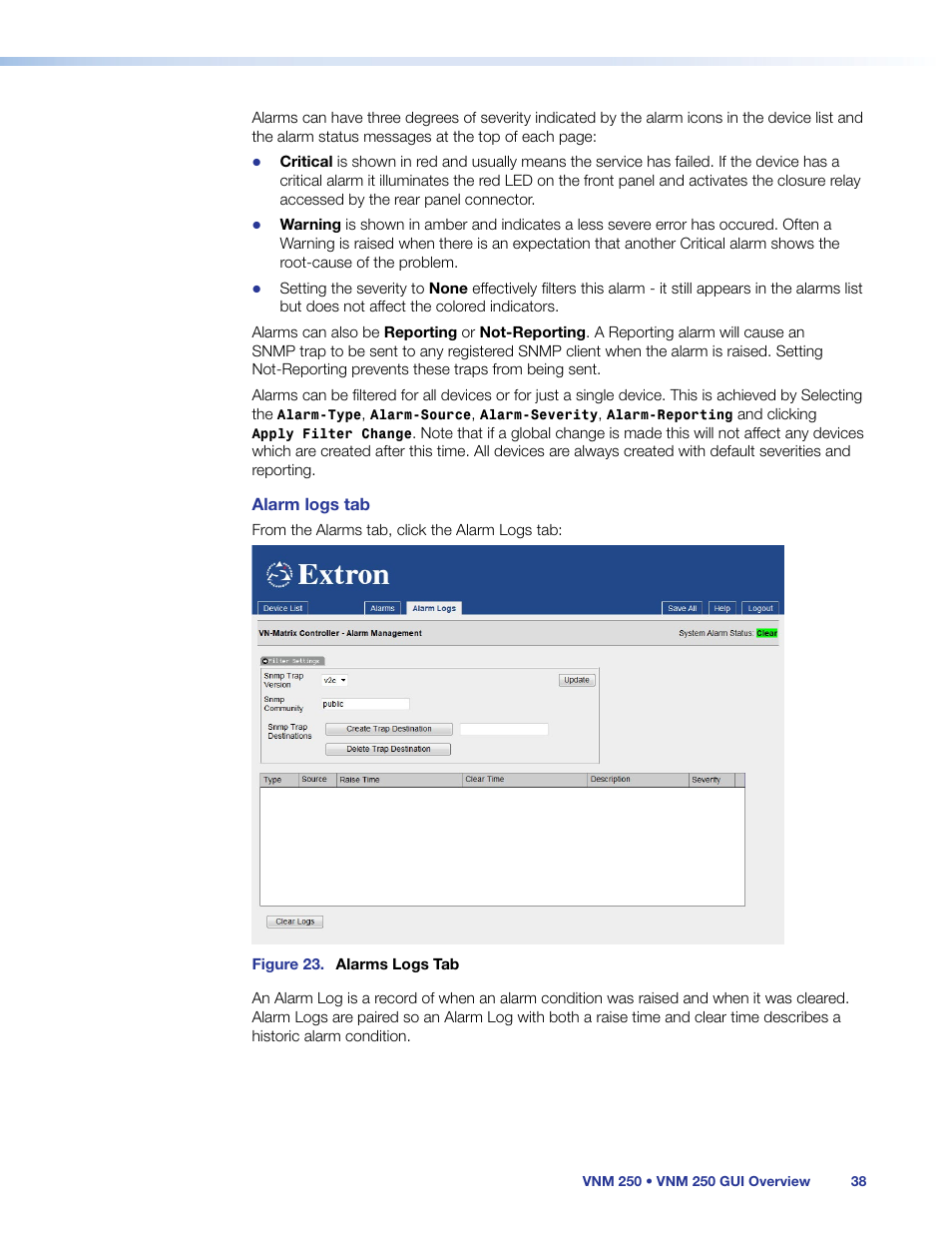 Alarms logs, Alarm logs | Extron Electronics VN-Matrix 250 User Guide User Manual | Page 44 / 137
