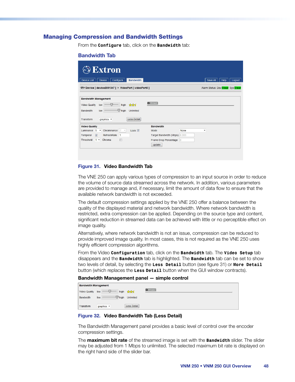 Managing compression and bandwidth settings, Managing compression and, Bandwidth settings | Bandwidth | Extron Electronics VN-Matrix 250 User Guide User Manual | Page 54 / 137