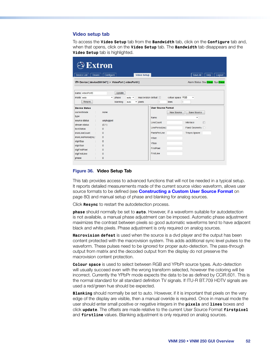 Video setup | Extron Electronics VN-Matrix 250 User Guide User Manual | Page 58 / 137