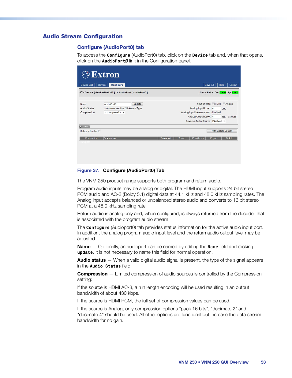 Audio stream configuration, Configure | Extron Electronics VN-Matrix 250 User Guide User Manual | Page 59 / 137