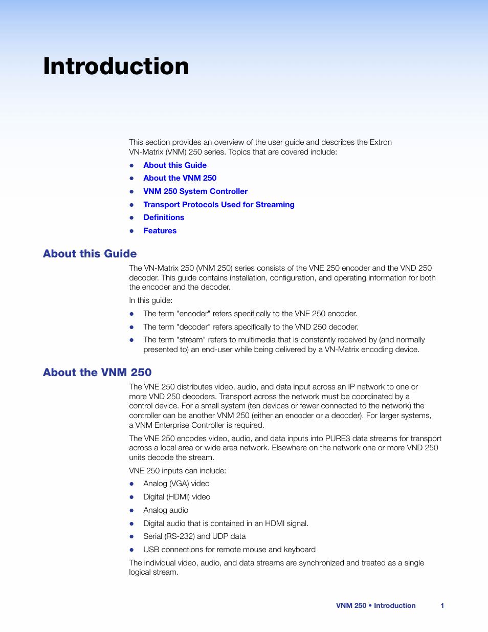 Introduction, About this guide, About the vnm 250 | About this guide about the vnm 250 | Extron Electronics VN-Matrix 250 User Guide User Manual | Page 7 / 137