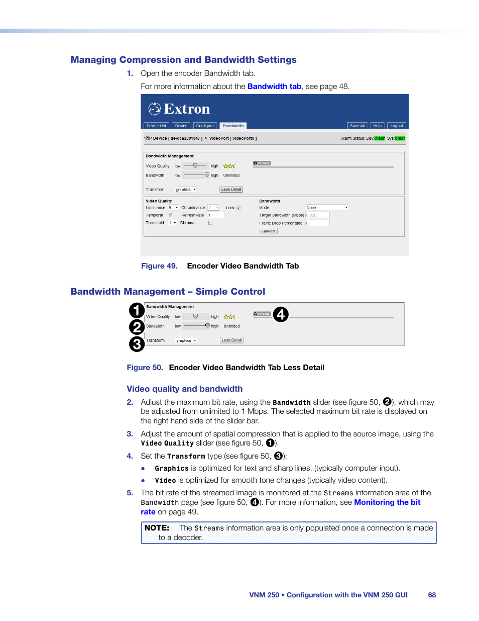 Managing compression and bandwidth settings, Bandwidth management – simple control, Managing compression and | Bandwidth settings, Bandwidth management, Simple control | Extron Electronics VN-Matrix 250 User Guide User Manual | Page 74 / 137