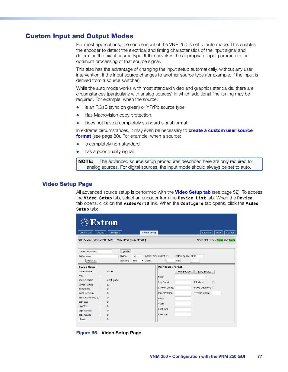 Custom input and output modes, Video setup page | Extron Electronics VN-Matrix 250 User Guide User Manual | Page 83 / 137