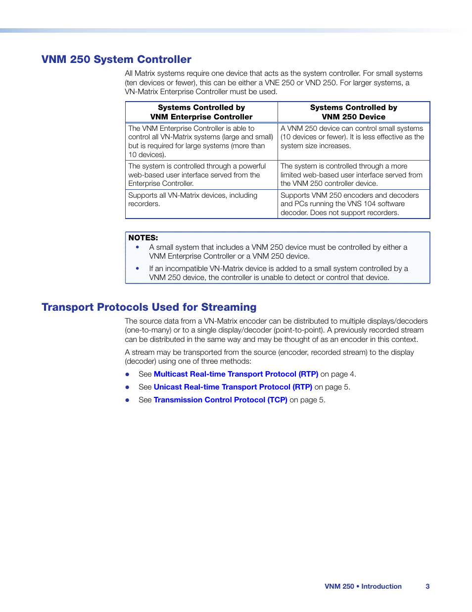 Vnm 250 system controller, Transport protocols used for streaming | Extron Electronics VN-Matrix 250 User Guide User Manual | Page 9 / 137