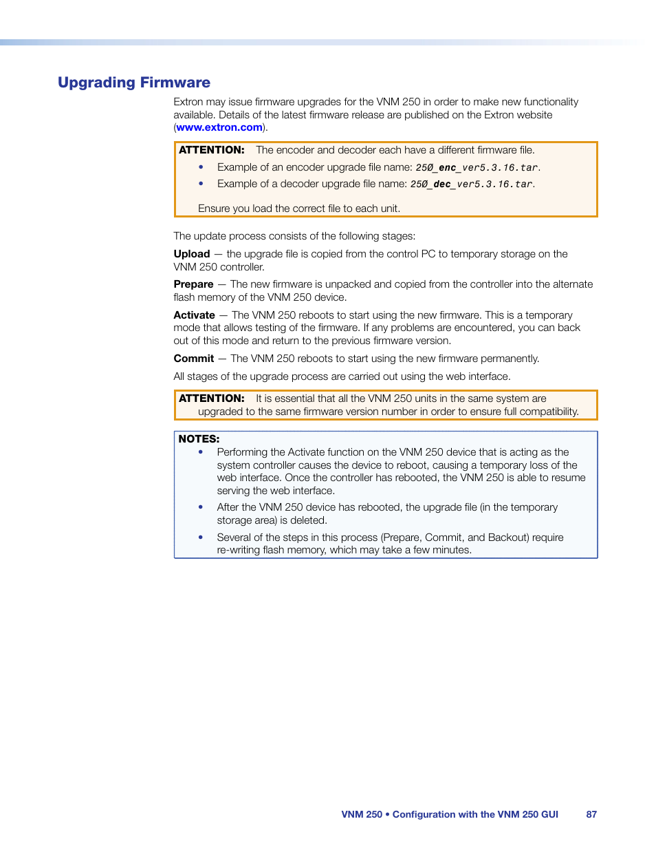 Upgrading firmware | Extron Electronics VN-Matrix 250 User Guide User Manual | Page 93 / 137