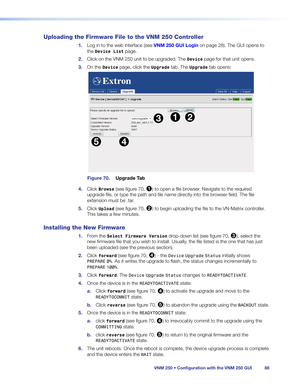 Installing the new firmware, Uploading the firmware file to the, Vnm 250 controller | Extron Electronics VN-Matrix 250 User Guide User Manual | Page 94 / 137