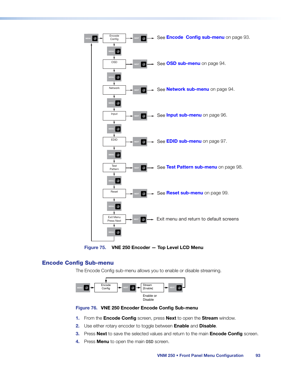 Encode config sub-menu, Encode config sub‑menu | Extron Electronics VN-Matrix 250 User Guide User Manual | Page 99 / 137