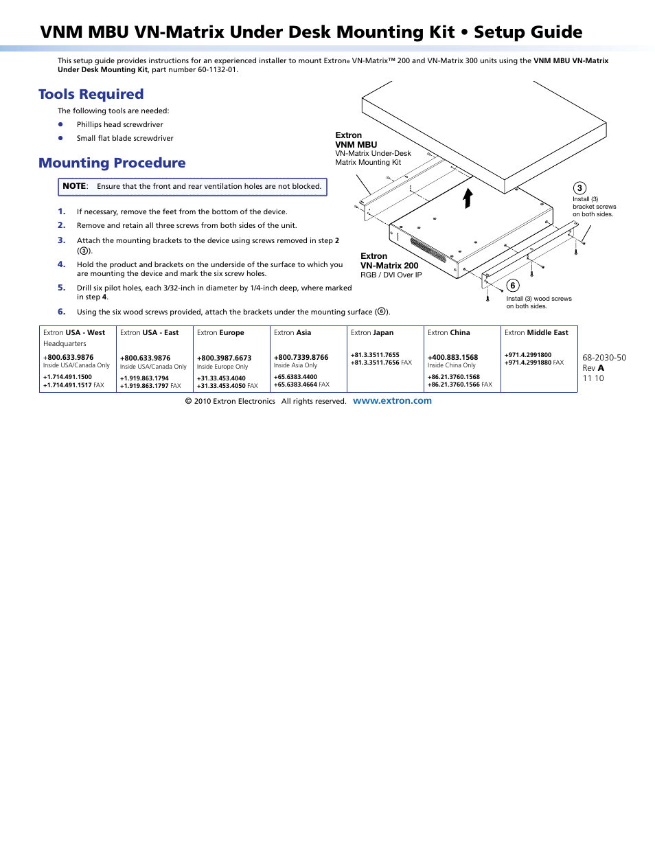 Extron Electronics VNM MBU VN-Matrix Under Desk Mounting Kit Setup Guide User Manual | 1 page