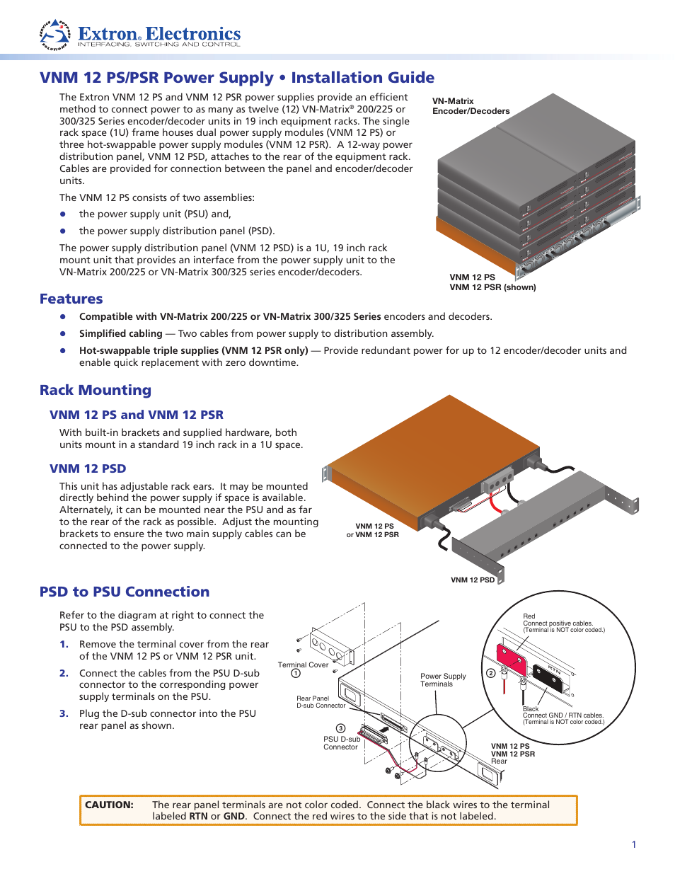 Extron Electronics VNM 12 PS-PSR Power Supply Installation User Manual | 2 pages
