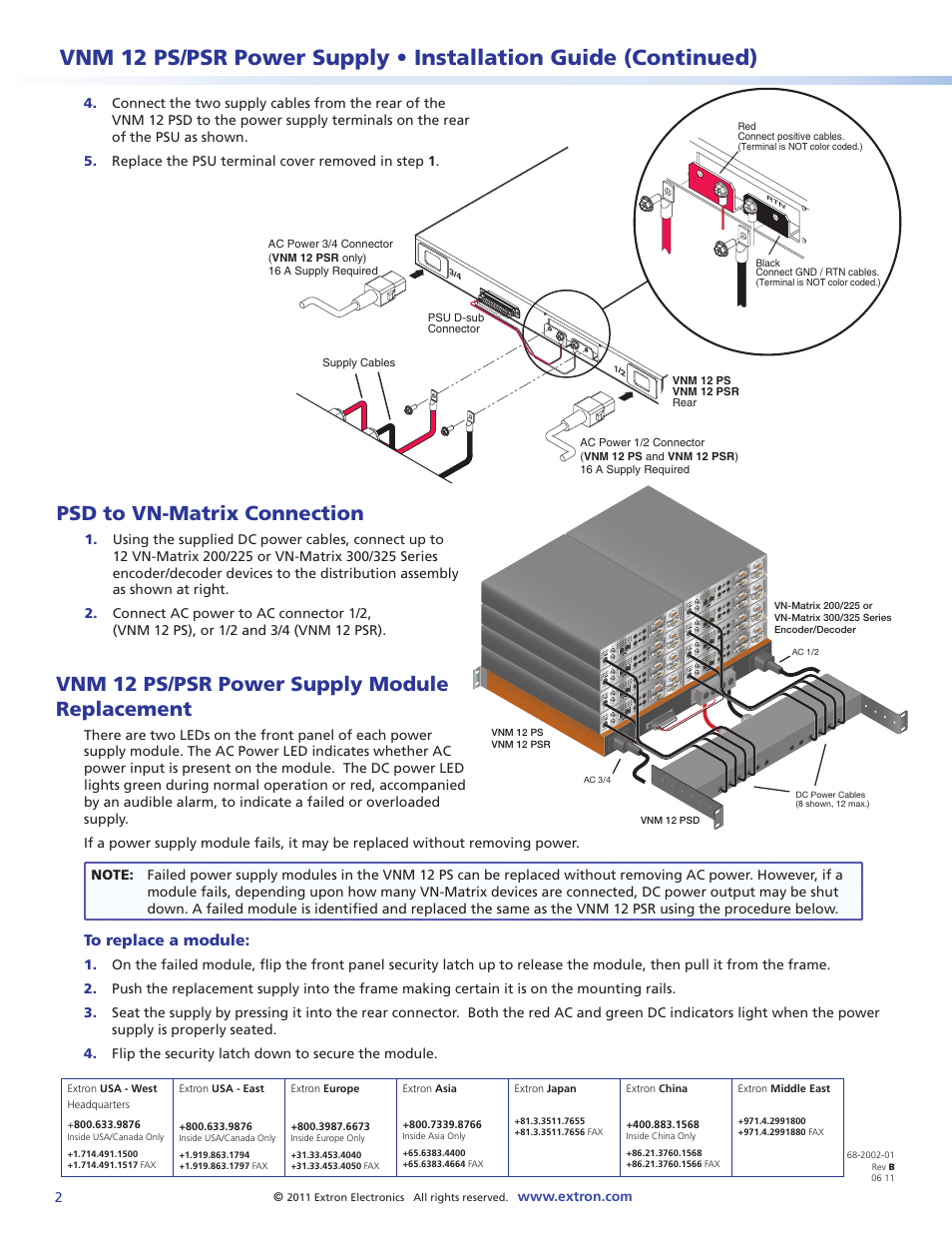 Psd to vn-matrix connection, Vnm 12 ps/psr power supply module replacement | Extron Electronics VNM 12 PS-PSR Power Supply Installation User Manual | Page 2 / 2