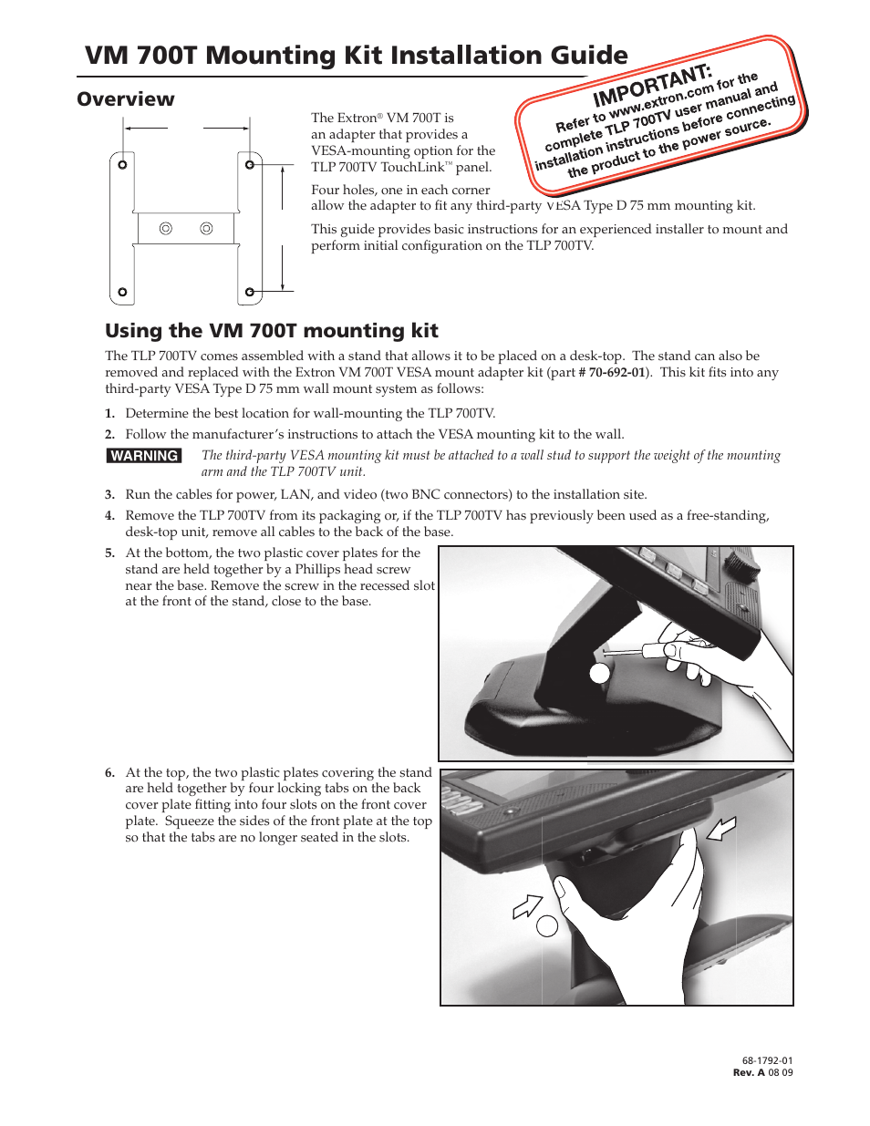 Extron Electronics VM 700T Mounting Kit Installation User Manual | 4 pages