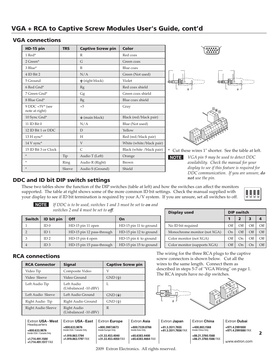 Vga connections, Ddc and id bit dip switch settings, Rca connections | Extron contact information, Preliminar y | Extron Electronics VGA + RCA to Captive Screw Modules Installation User Manual | Page 2 / 2