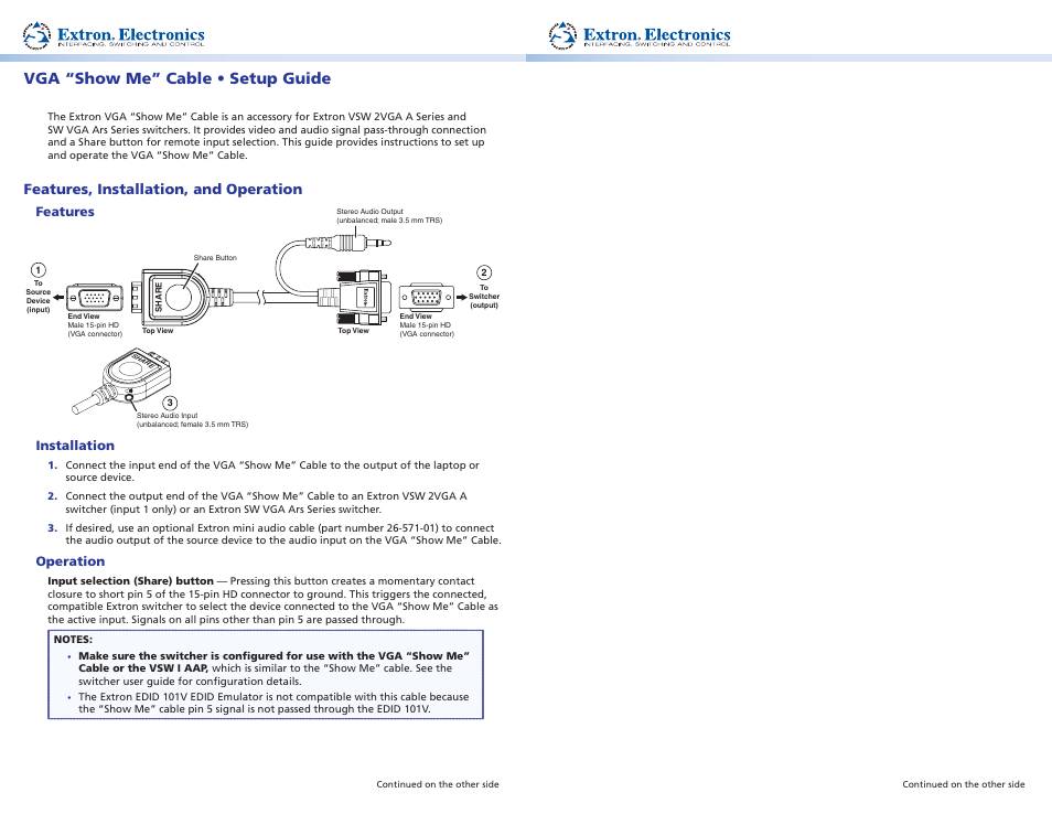 Extron Electronics VGA -Show Me- Cable Setup Guide User Manual | 2 pages