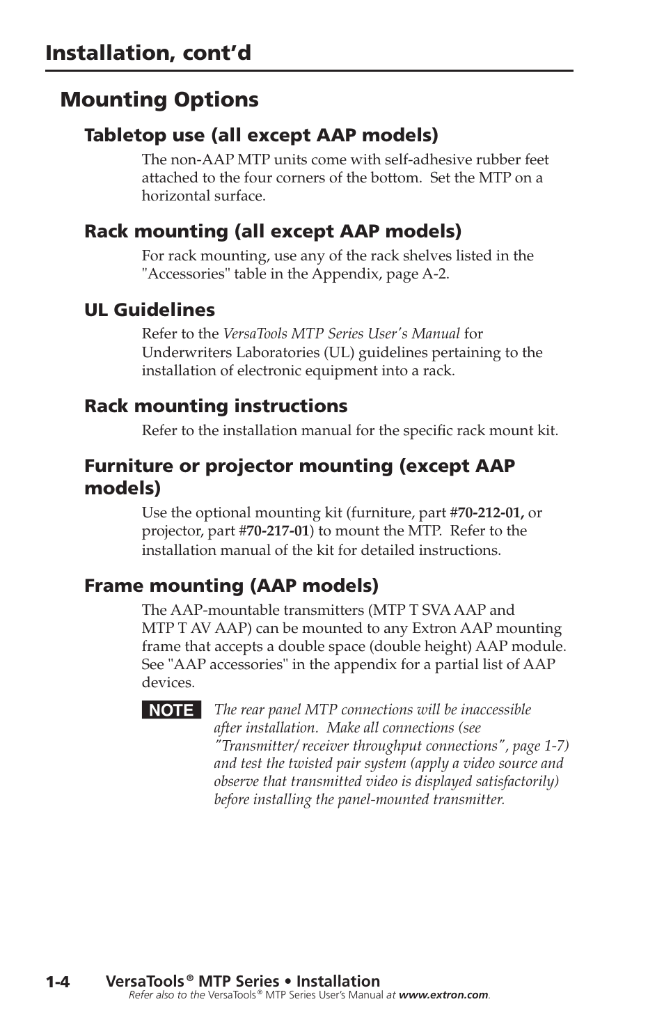 Mounting options, Frame mounting (aap models), Rack mounting (all except aap models) | Rack mounting instructions, Tabletop use (all except aap models), Ul guidelines, Installation, cont’d | Extron Electronics VersaTools MTP Series Setup Guide User Manual | Page 10 / 24