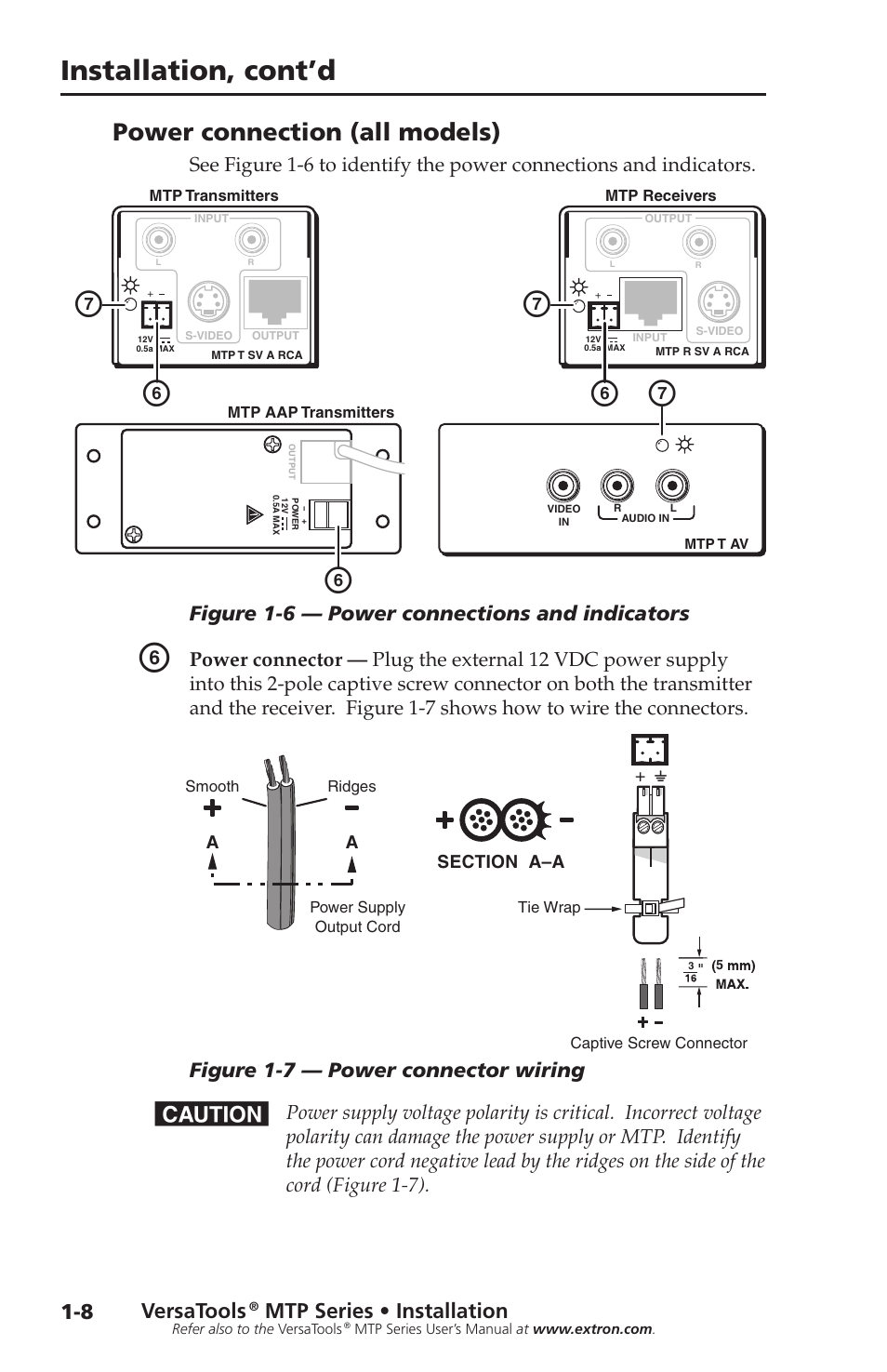 Power connection (all models), Power connection (all models) -8, Gf g f f | Installation, cont’d, Figure 1-6 — power connections and indicators, Figure 1-7 — power connector wiring, Versatools, Mtp series • installation | Extron Electronics VersaTools MTP Series Setup Guide User Manual | Page 14 / 24