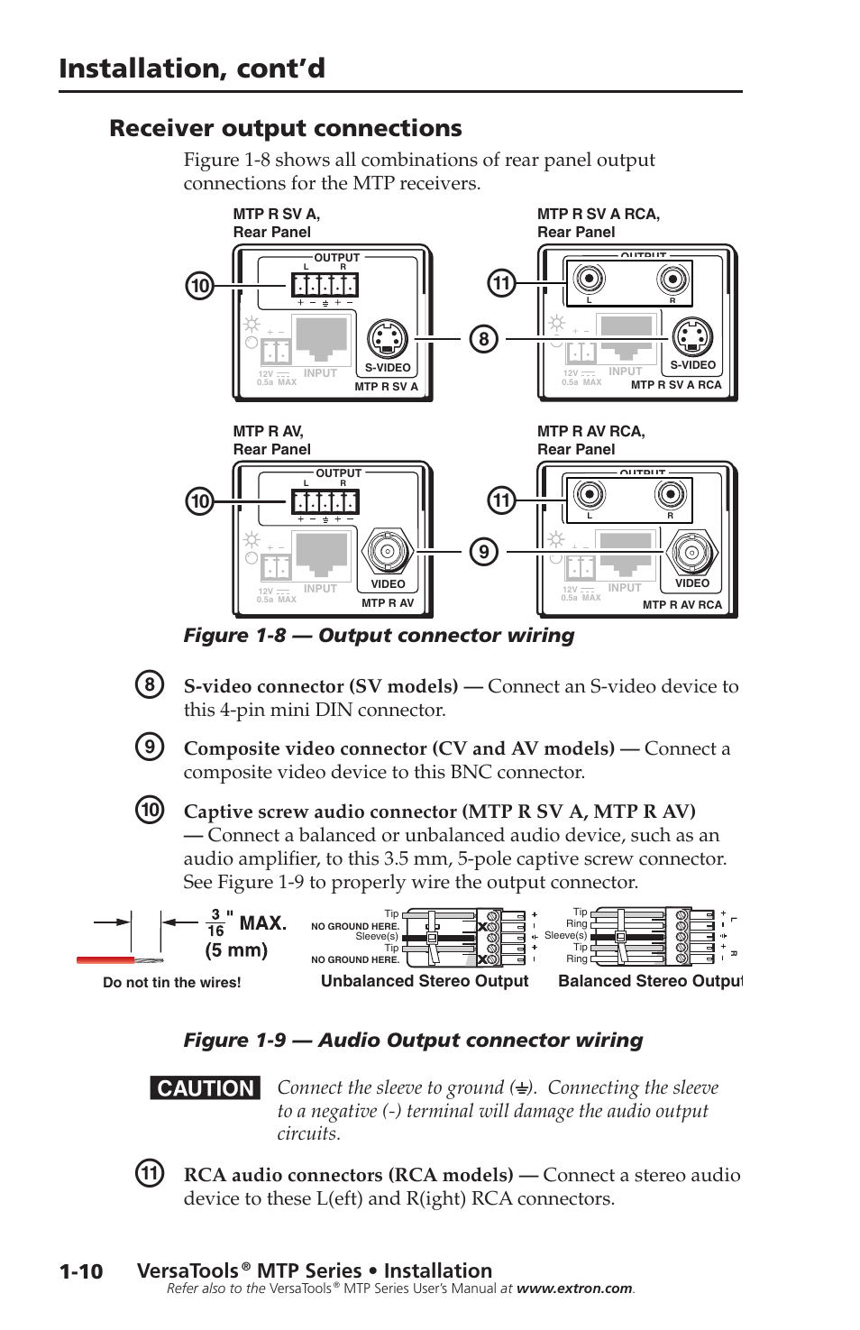 Receiver output connections, Receiver output connections -10, Jk k i h | Installation, cont’d, Figure 1-8 — output connector wiring, Figure 1-9 — audio output connector wiring, Versatools, Mtp series • installation | Extron Electronics VersaTools MTP Series Setup Guide User Manual | Page 16 / 24