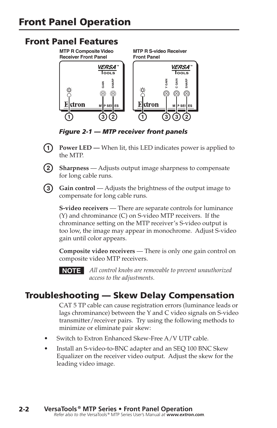 Front panel features, Troubleshooting — skew delay compensation, Ab b c cc | Front panel operation | Extron Electronics VersaTools MTP Series Setup Guide User Manual | Page 18 / 24