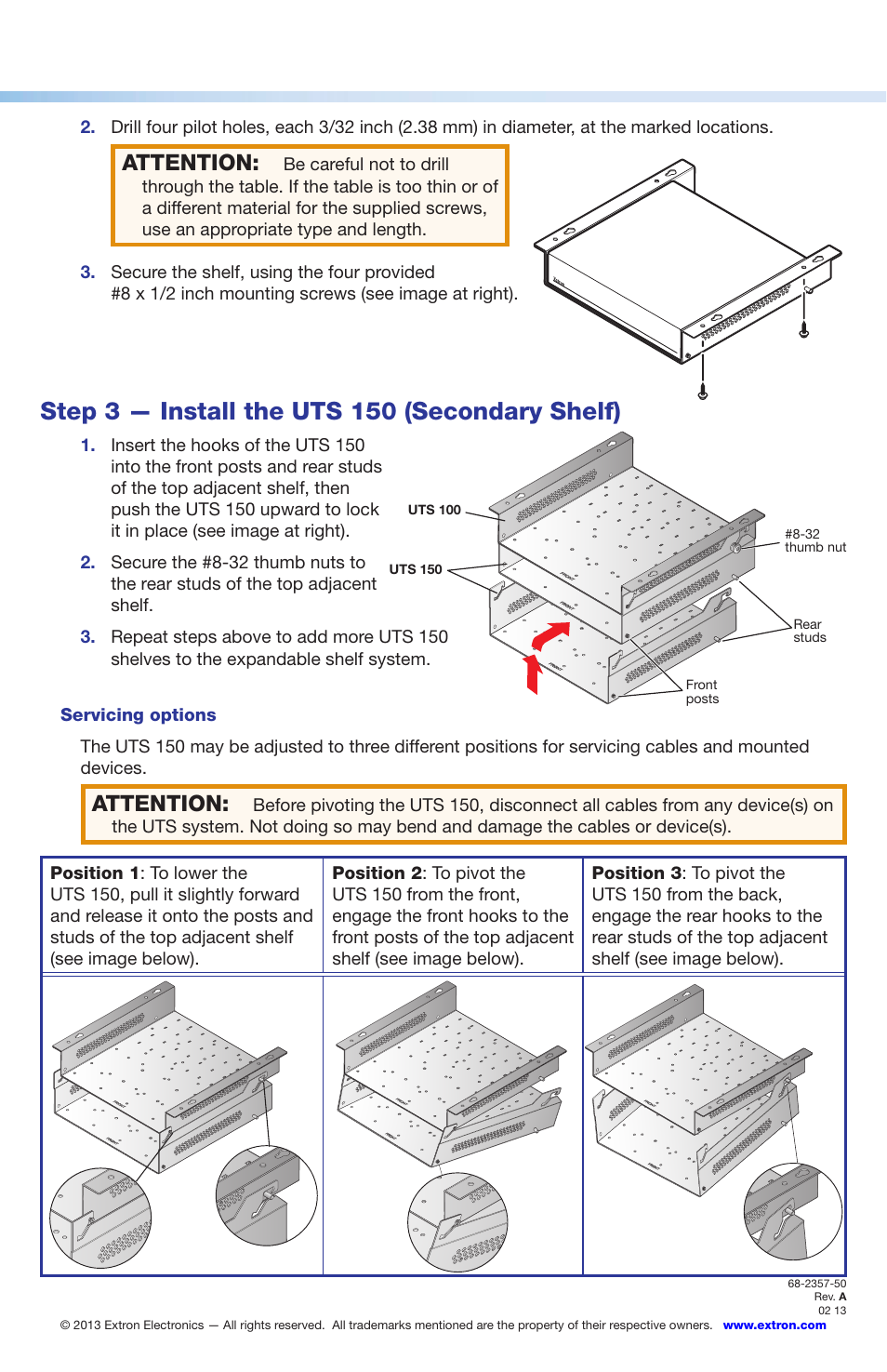 Step 3 — install the uts 150 (secondary shelf), Attention | Extron Electronics UTS 100 Series Setup Guide User Manual | Page 2 / 2