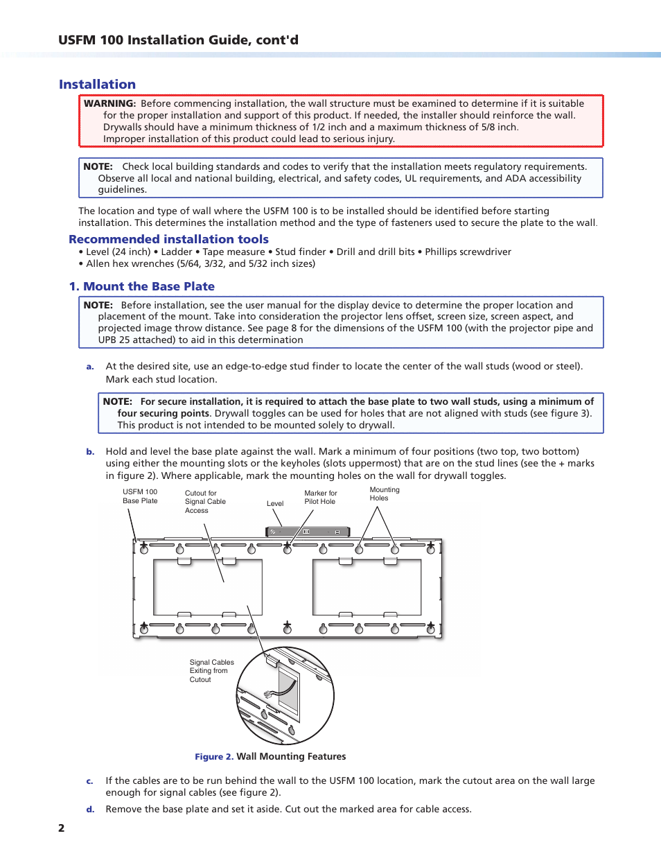 Installation, Usfm 100 installation guide, cont'd, Recommended installation tools | Mount the base plate | Extron Electronics USFM 100 Installation User Manual | Page 2 / 8