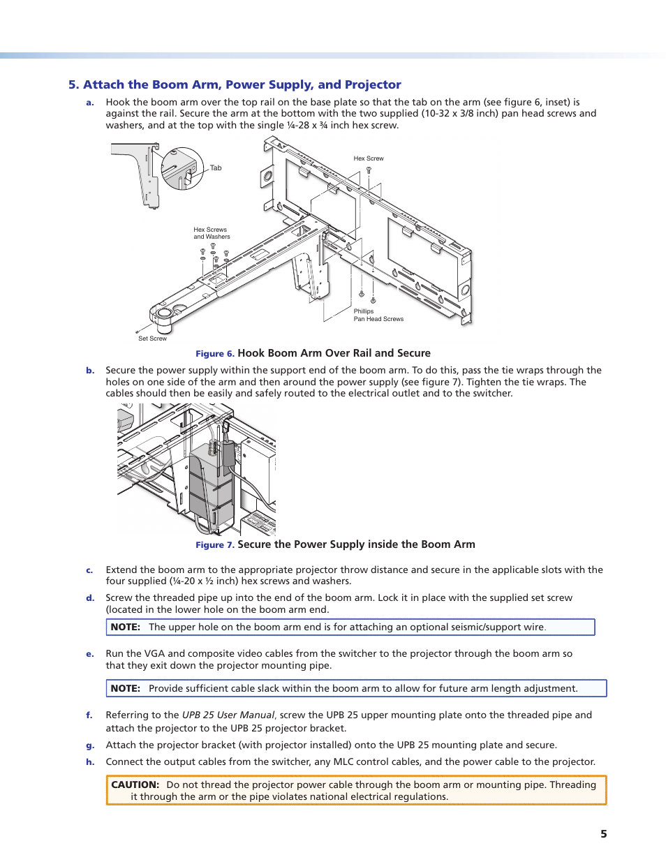 Attach the boom arm, power supply, and projector | Extron Electronics USFM 100 Installation User Manual | Page 5 / 8