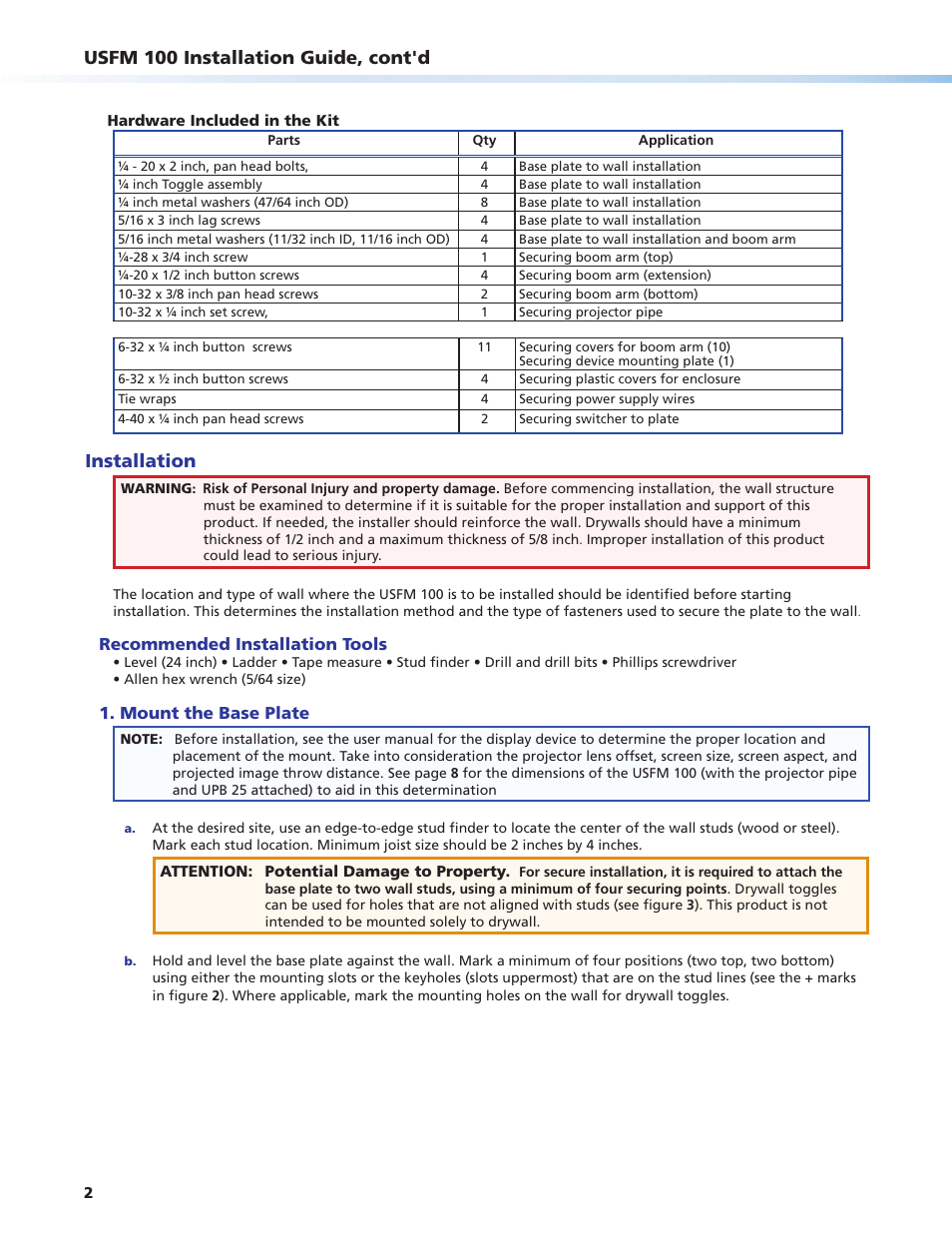 Usfm 100 installation guide, cont'd, Installation | Extron Electronics USFM 100 Installation imp User Manual | Page 2 / 8
