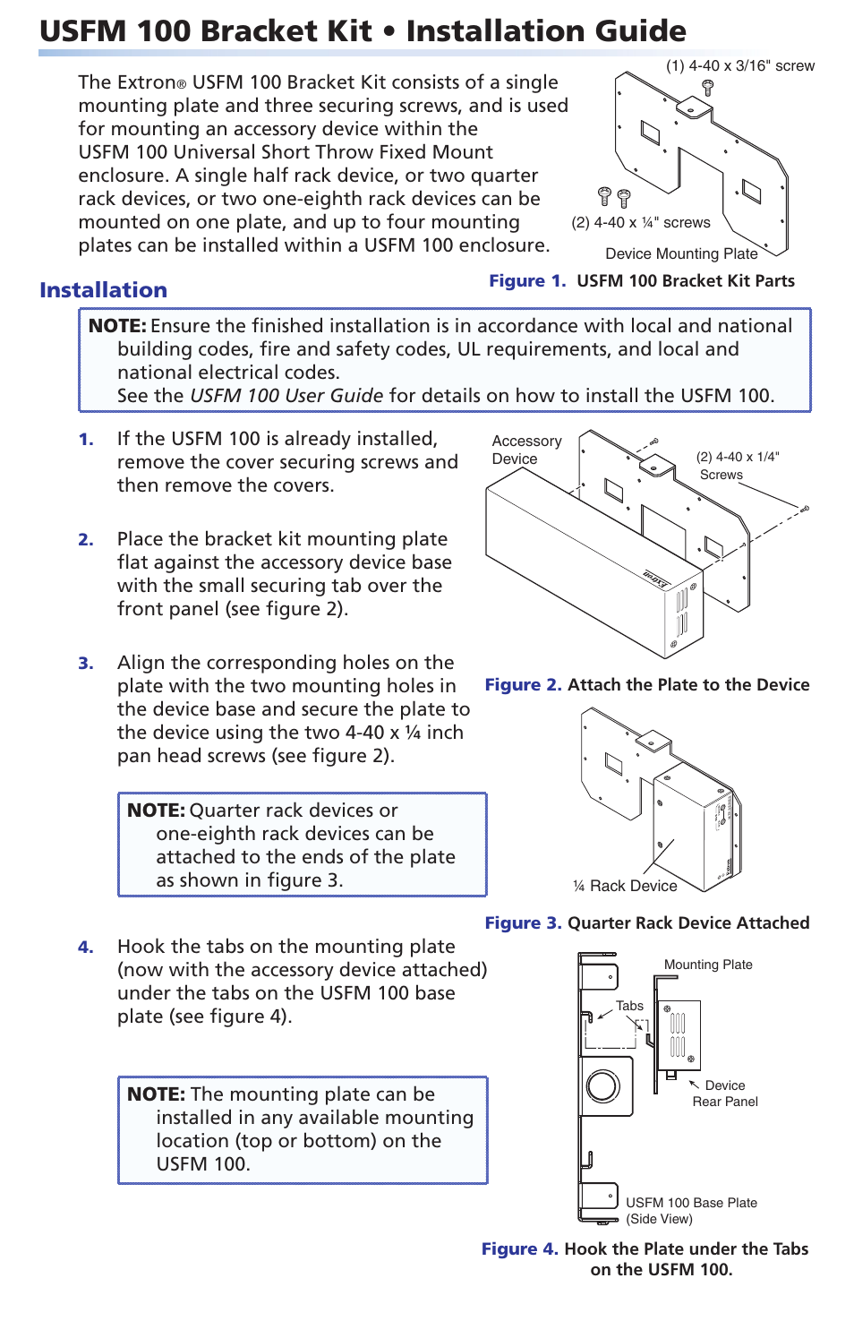 Extron Electronics USFM 100 Bracket Kit Installation User Manual | 2 pages